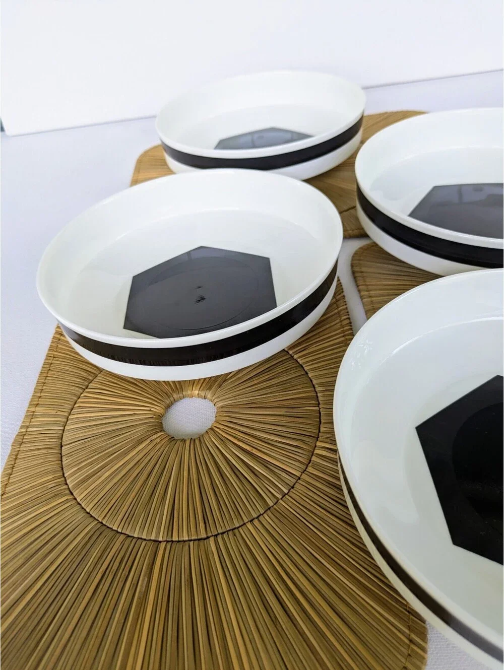 True Vintage Black & White Geometric Bone China Bowls, Mikasa Bakota, late 1970s